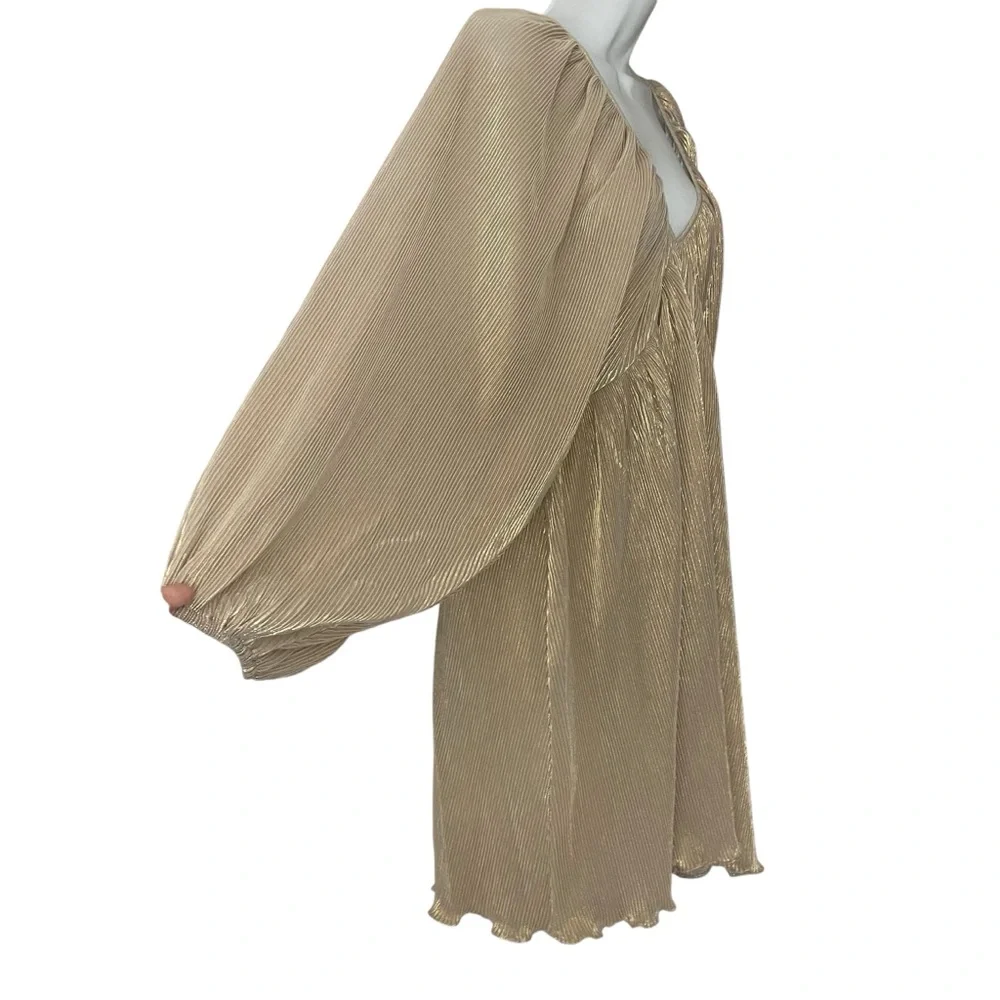 Mable Gold Plunge Neck Flowy Pleated Cocktail Dress Balloon Long Sleeve Mini L - Picture 2 of 13